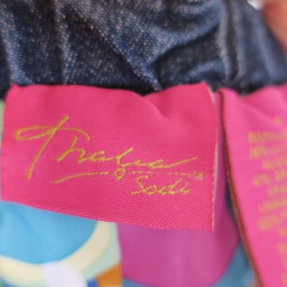 Thalia Sodi Y2K Vintage Halter Sleeveless Denim Jean Mini Dress Floral Womens 16 - Picture 6 of 8